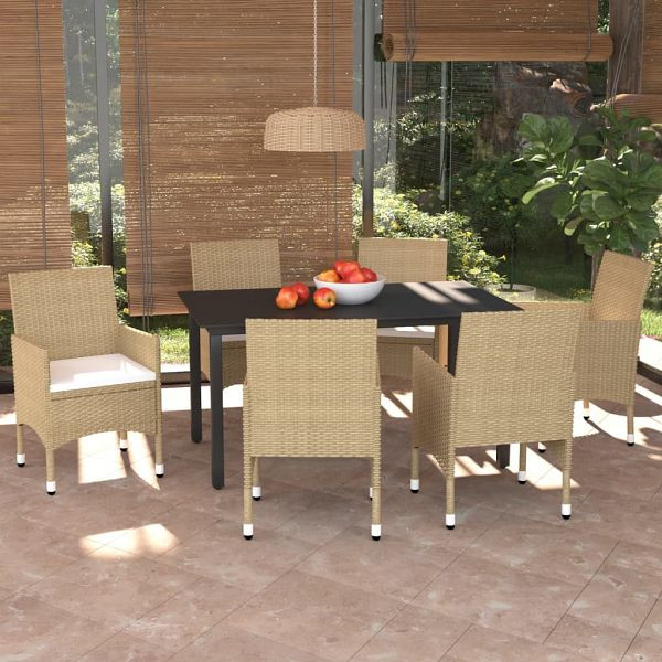 vidaXL 7-teilig Garten-Essgruppe mit Kissen Poly Rattan Beige, 3094988