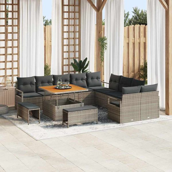 vidaXL Garten-Sofa-Set mit Kissen 13-teilig Grau Poly-Rattan, 3362578