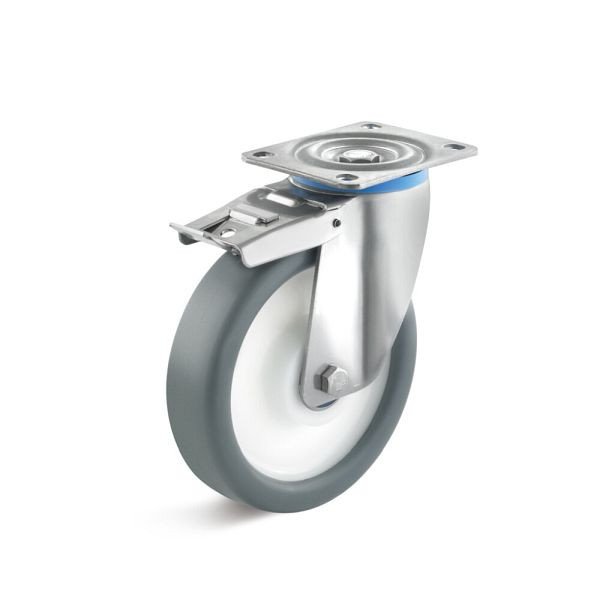 Torwegge Thermoplast Edelstahl Lenkrolle mit Doppelstopp, Tragfähigkeit 120 kg, Rad-Ø 80 mm, Radbreite 35 mm, Ausladung 42 mm, 0036270