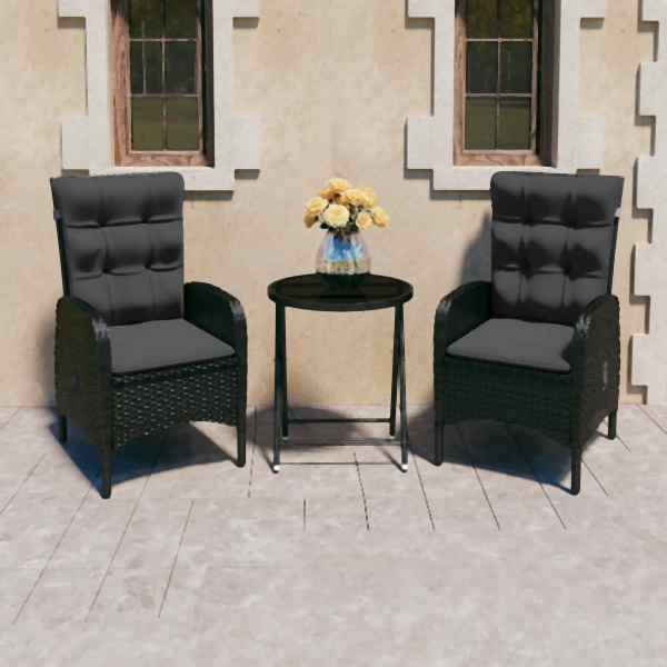 vidaXL 3-tlg. Bistro-Set Poly Rattan und Glas Schwarz, 3058540