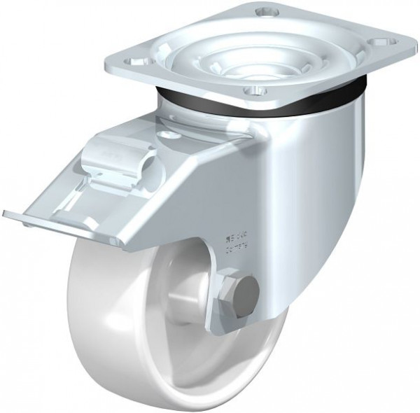 Blickle LK-PO 100G-1-FI Stahlblech-Lenkrolle, schwere Ausführung, mit Anschraubplatte & Feststeller, Polyamid, Weiß, 610642