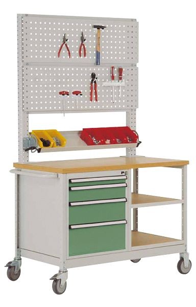 Manuflex Mobile Werkbank Modell 6 mit geölter Multiplex-Abdeckplatte 30 mm BxTxH 1135 x 590 x 810 mm, resedagrün, MW2033.6011