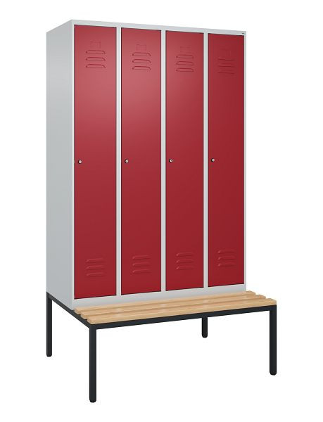 C+P Umkleidespind Classic PLUS mit Mitteltrennwand, Bank, 4 Abteile, 2120x1200x815mm, 7035/3003, Zylinderschlösser, Buche-Sitzleisten, 0800507-40F S10046