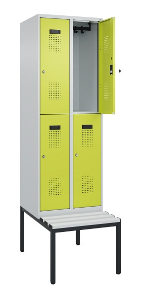 C+P Doppelstock-Spind Evolo PLUS, Bank, 4 Fächer, 2120x600x815mm, 7035/0024, Zylinderschloss, Sitzfläche Kunststoff, Sitzbank, 0493507-20 S10123