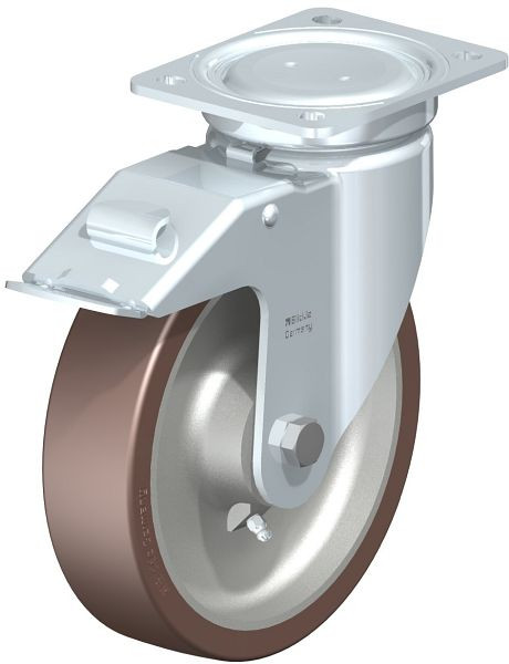Blickle LU-GB 200K-FI Stahlblech-Lenkrolle, schwere, geschlossene Ausführung, mit Anschraubplatte & Feststeller, Blickle Besthane®, Braun, 755098