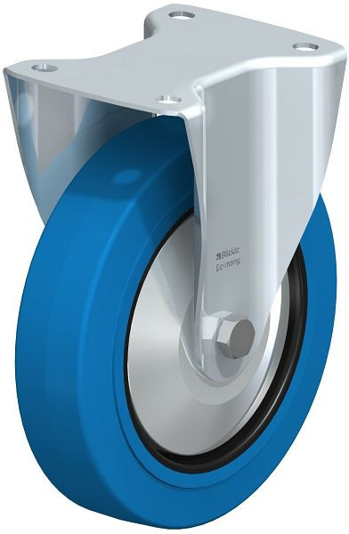 Blickle B-POEV 200K-SB-FA Stahlblech-Bockrolle, mittelschwere Ausführung, mit Anschraubplatte, Elastik-Vollgummi, Blau, 749085