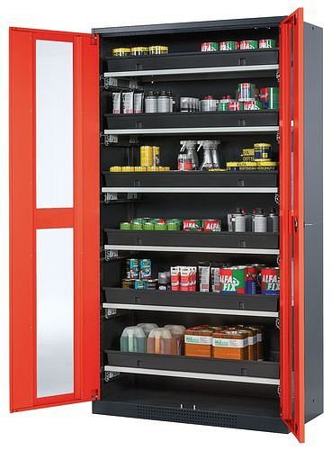 asecos Chemikalienschrank Systema-T CS-106G, Korpus anthrazit, Flügeltüren rot, 6 Tablarauszüge, 209052