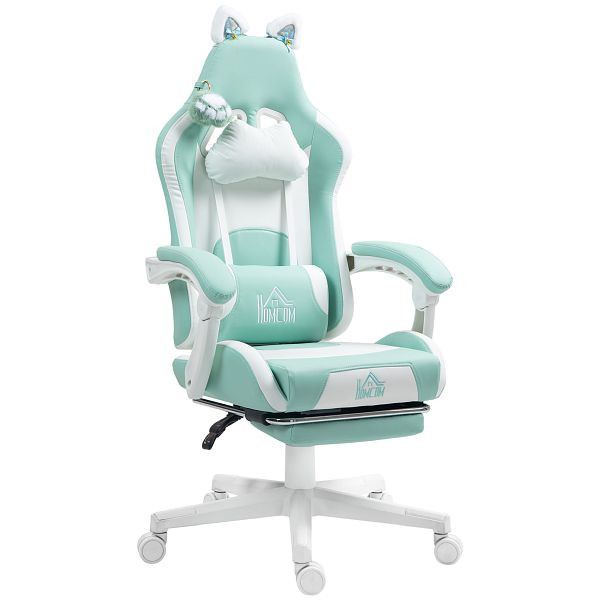 HOMCOM Verstellbarer Gaming-Stuhl mit Fußstütze und Kissen, aus Kunstleder und Schaumstoff, 65x62x116-124 cm, Weiß und Rosa, 921-794V00LB