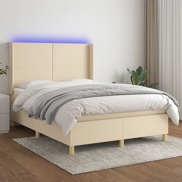 vidaXL Boxspringbett mit Matratze & LED Creme 140x190 cm Stoff, 3138714