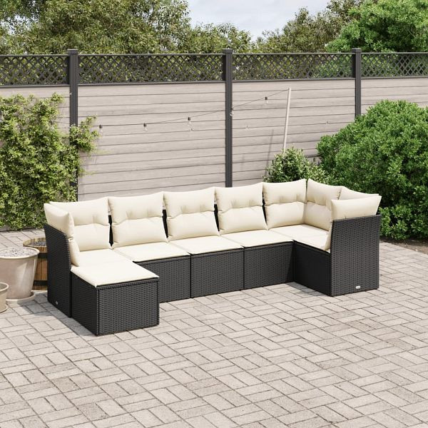 vidaXL 7-teilig Garten-Sofagarnitur mit Kissen Schwarz Poly Rattan, 3263192