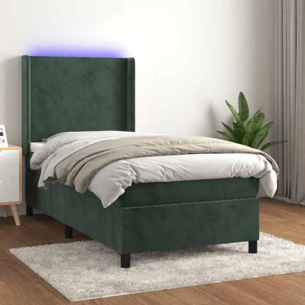 vidaXL Boxspringbett mit Matratze & LED Dunkelgrün 90x190 cm Samt, 3139418