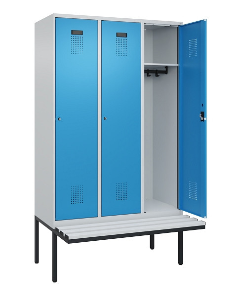 C+P Spind Evolo PLUS, 3 Abteile, 2120x1200x815mm, 7035/5012, Haken 4, Zylinderschloss, Material Sitzfläche Kunststoff, 0490407-32 S10088