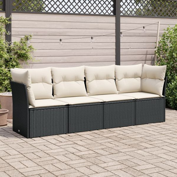 vidaXL 4-teilig Garten-Sofagarnitur mit Kissen Schwarz Poly Rattan, 3217226