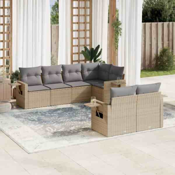 vidaXL 7-tlg. Garten-Sofagarnitur mit Kissen Beige Poly Rattan, UV-beständig, 3252746