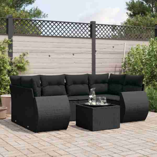 vidaXL 7-tlg. Garten-Sofagarnitur mit Kissen Schwarz Poly Rattan, UV-beständig, 3253452