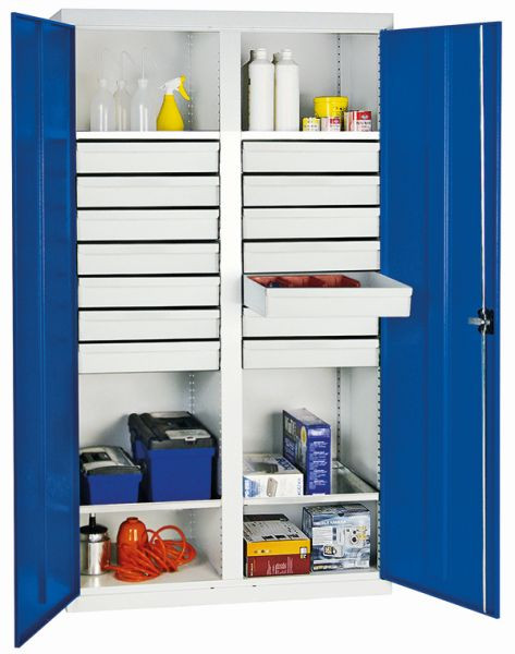 stumpf Werkzeug- und Materialschrank Serie 2000, 7035/5010, 14 Schubladen, Mitteltrennwand, 4 Fachböden, 2004474
