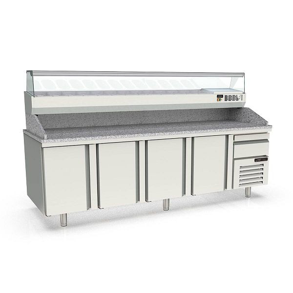 Vaiotec TOPLINE Pizzatisch 800 / 4-fach mit Türen, EN 60x40, Schublade, Granitplatte grau, inkl. Kühlaufsatz, GN 1/4, Breite: 2615 mm, 11618