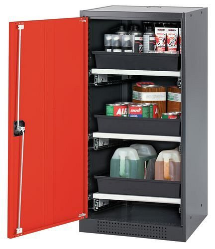 asecos Chemikalienschrank Systema-T CS-53L, Korpus anthrazit, Flügeltüren rot, 3 Tablarauszüge, 208835