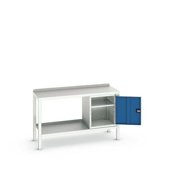 bott verso Beistelltisch, mit Unterbauschrank und Stahl-Platte, BxTxH: 1500 x 600 x 910 mm, Lichtgrau / Enzianblau, 16922606.11
