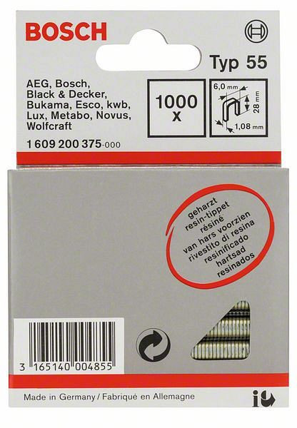 Bosch Schmalrückenklammer Typ 55, geharzt 6 x 1,08 x 28 mm, 1000er-Pack, 1609200375