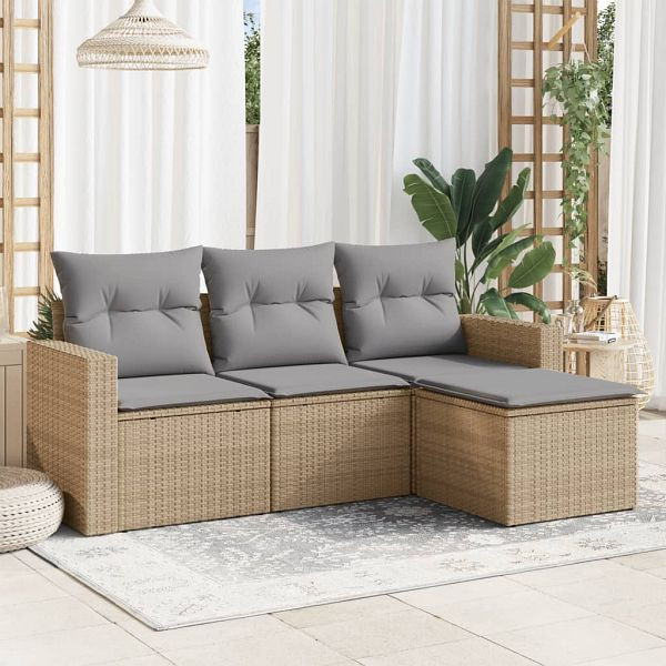 vidaXL 4-tlg. Garten-Sofagarnitur mit Kissen Beige Poly Rattan, 3218859