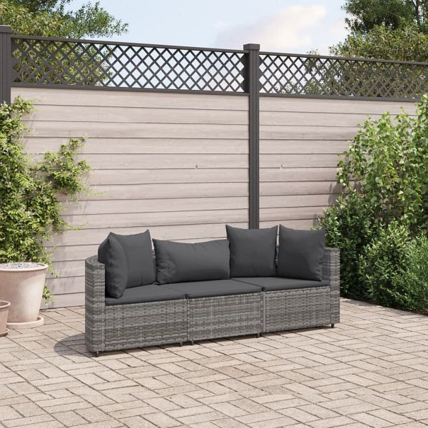 vidaXL 3-teilig Garten-Sofagarnitur mit Kissen Grau Poly Rattan, 3308450