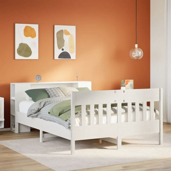 vidaXL Massivholzbett mit Regal ohne Matratze Weiß 120x200 cm Kiefer, 3323186