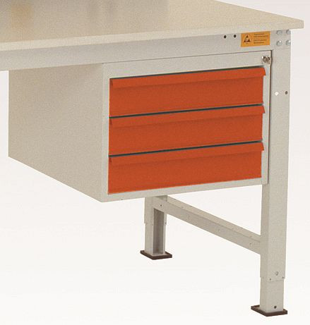 Manuflex ESD-Gehäuse-Unterbau, Nutzhöhe 300 mm mit 3 Schubfächern, Blendenhöhe: 50 - 150 mm, für Tischtiefe 1200 mm, Alusilber, LZ4614.9006