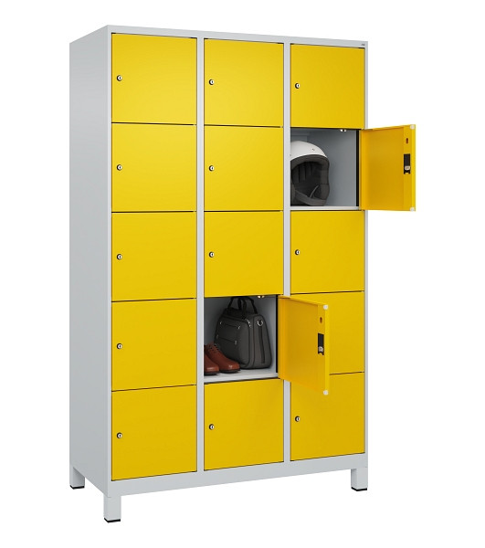 C+P Schließfachschrank Evolo PLUS, mit Füßen, 15 Fächer, 1950x1200x500mm, 7035/1023 Verkehrsgelb, 049010-325 S10001