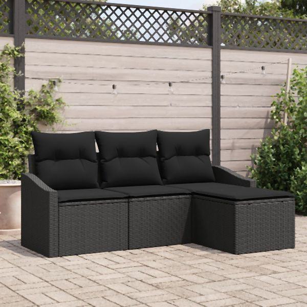 vidaXL 4-teilige Garten-Sofa-Set mit Kissen Schwarz Poly-Rattan, 3355342