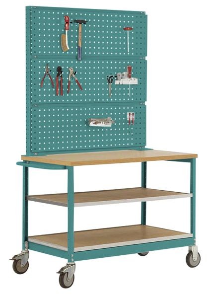 Manuflex Mobile Werkbank Modell 3 mit geölter Multiplex-Abdeckplatte 30 mm BxTxH 1135 x 590 x 810 mm, wasserblau, MW2011.5021