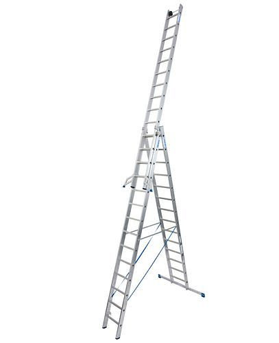 DENIOS Vielzweckleiter aus Aluminium, mit 3 x 14 Sprossen, 2 Wandlaufrollen, 137572
