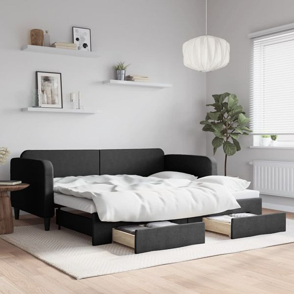 vidaXL Tagesbett Ausziehbar mit Schubladen Schwarz 90x190 cm Stoff, 3196864