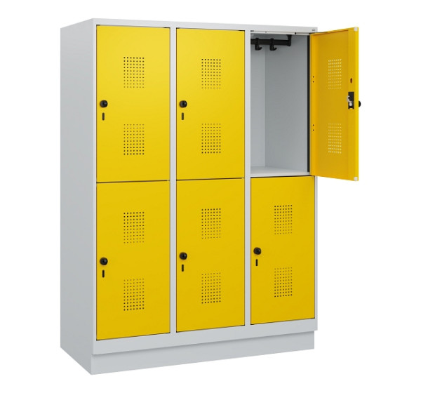 C+P Doppelstöckiger Spind Evolo PLUS, Sockel, 6 Fächer, 1630x1200x500mm, 7035/10, RAL 1023 Verkehrsgelb, Drehriegel, 0493205-32 S10001
