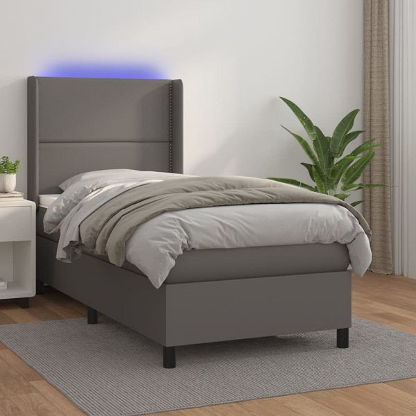 vidaXL Boxspringbett mit Matratze & LED Grau 90x200 cm Kunstleder, 3139305