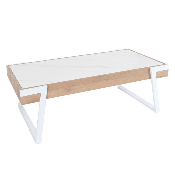 Mendler Couchtisch HWC-L89, Sofatisch Wohnzimmertisch, Eisen 43x120x64cm Sinterstein Marmor-Optik weiß Holz natur, 102703
