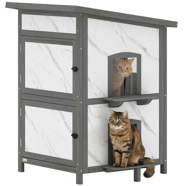 PawHut Outdoor-Katzenhaus, Holzhaus für Katzen, mehrere Eingänge, Fenster, Wasserfest, 60 x 60 x 88 cm, D30-965V00WT