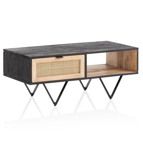 Wohnling Couchtisch 90x45x37 cm Mango Massivholz/Rattan Sofatisch Rechteckig, Wohnzimmertisch Kaffeetisch Massiv mit Schublade, WL6.796