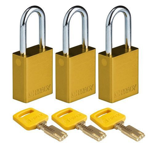 Brady Vorhängeschlösser SafeKey, mit Stahlbügel, VE: 3 Stück, lichte Bügelhöhe 38,10 mm, gelb, 311844