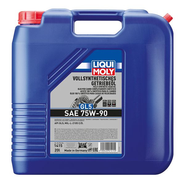 LIQUI MOLY Vollsynthetisches Getriebeöl (GL5) SAE 75W-90, Kanister Kunststoff, VE: 20 Liter, 1415