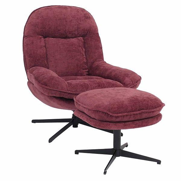 Mendler Relaxsessel mit Hocker HWC-P32, Fernsehsessel Nosagfederung, drehbar Metall Stoff/Textil Chenille (370 g/m²), beere, 118701+118705