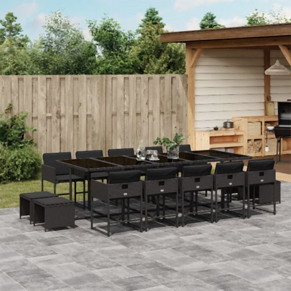 vidaXL 15-tlg. Garten-Essgruppe mit Kissen Schwarz Poly Rattan, 3211351