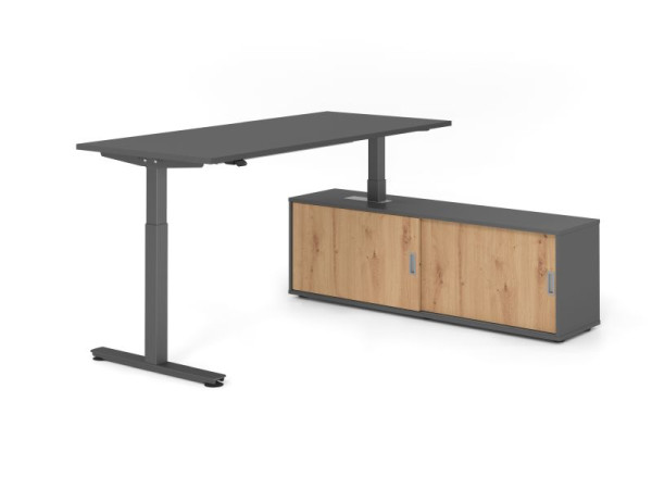 Hammerbacher Schreibtisch XMST19, 180x80cm, Platte: Graphit, T-Fuß Gestell Graphit, Höhe: 71 - 120 cm, Graphit / Asteiche, VXMST19SB/G/G/G/R