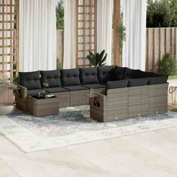 vidaXL 11-tlg. Garten-Sofagarnitur mit Kissen Grau Poly Rattan, UV-beständig, 3253067