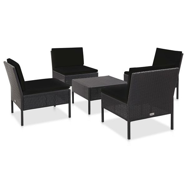 vidaXL 5-teilig Garten-Sofagarnitur mit Auflagen Poly Rattan Schwarz, 48945