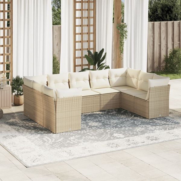 vidaXL 9-teilig Garten-Sofagarnitur mit Kissen Beige Poly Rattan, 3249967