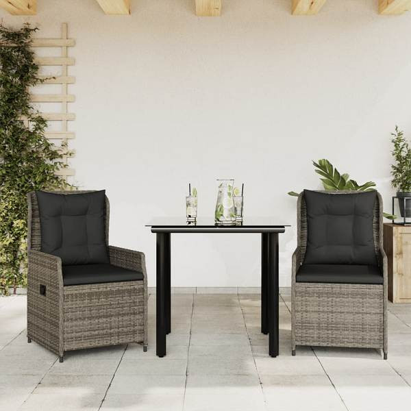 vidaXL 3-tlg. Garten-Essgruppe mit Kissen Grau Poly Rattan, UV-beständig, 3262861