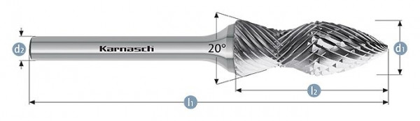 Karnasch Hartmetall-Frässtift unbeschichtet d1= 12,0 / l2= 35 / d2= 6 / l1= 80mm Combi+Curve, 114024100