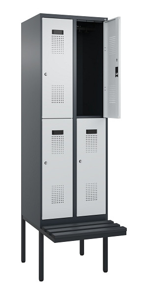 C+P Doppelstock-Spind Evolo PLUS, Bank, 4 Fächer, 2120x600x815mm, 7016/7035, Zylinderschloss, Sitzfläche Kunststoff, 0493407-20 S10125