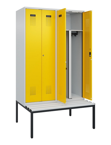 C+P PSA Doppel-Spind Evolo PLUS, Bank, 4 Abteile, 2120x1200x815mm, 7035/1023, Zylinderschloss, Sitzfläche Kunststoff, Sitzbank, 0490527-40P S10082